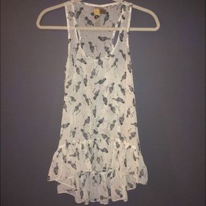Mimi Chica Bird print semi sheer ruffle hi/low top